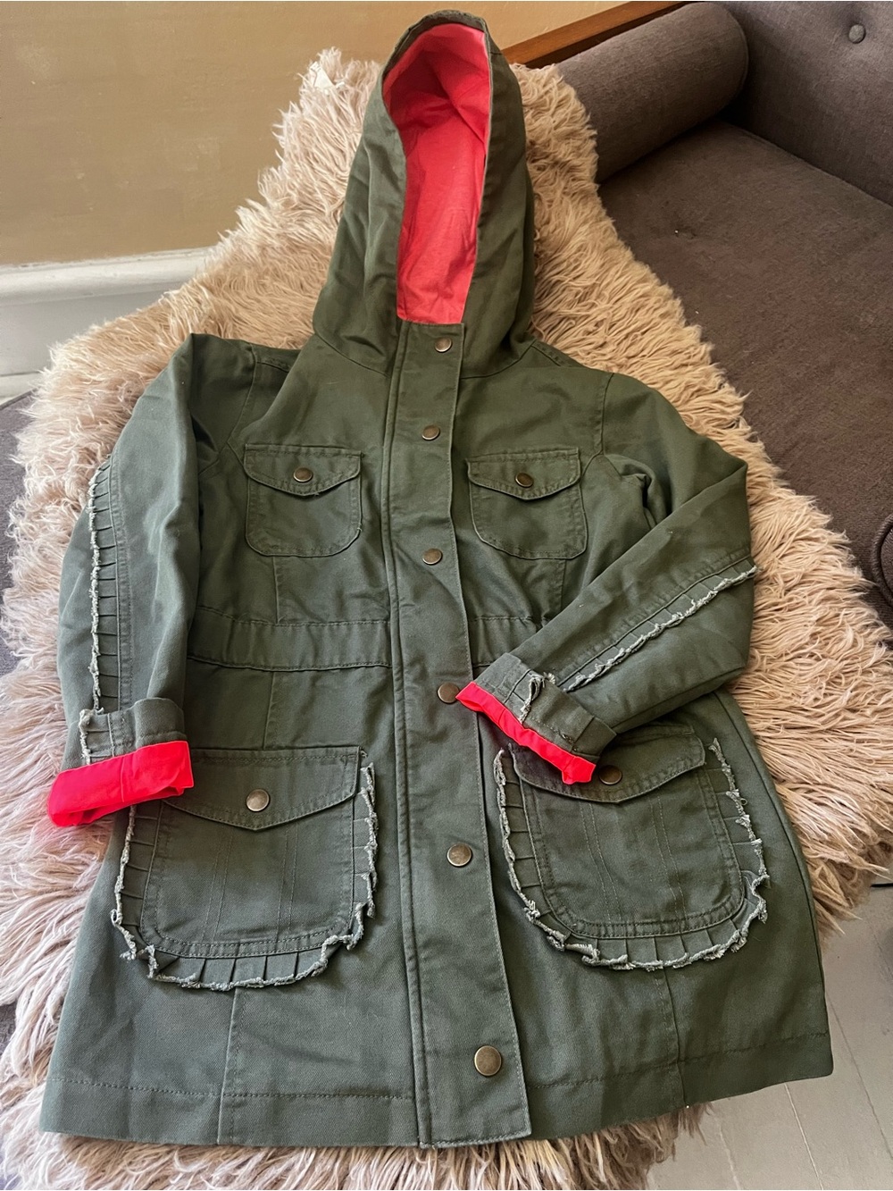 Cat & Jack Olive Green Hooded Raincoat with Pink Lining